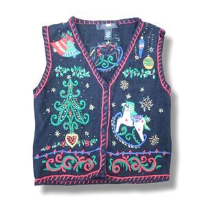 Vintage 90s Segue Black Christmas Tree Holiday Embroidered Sweater Vest L